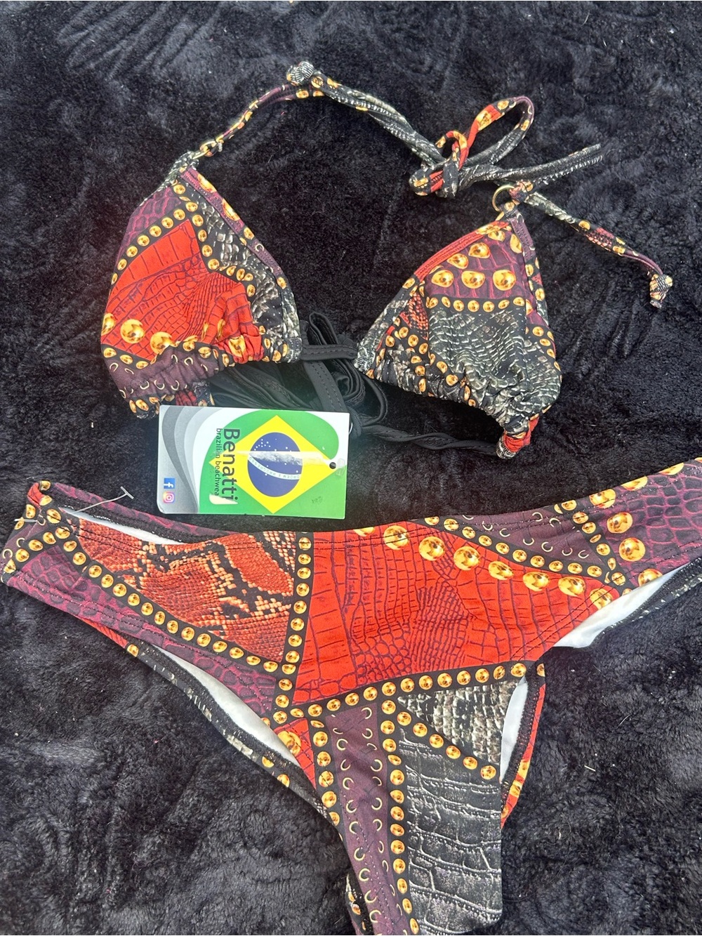 Red & Black Patchwork Triangle Bikini